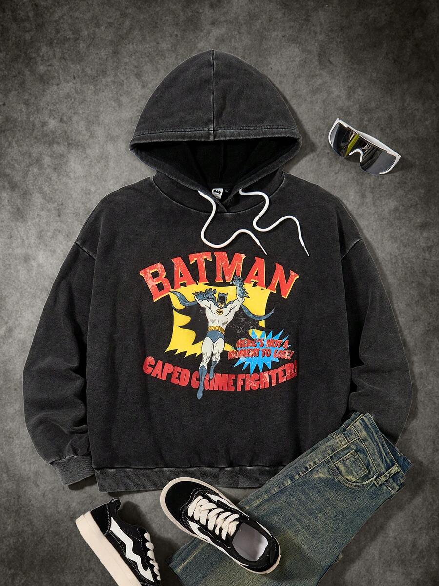 BATMAN X SHEIN 大码字母和数字图案连帽卫衣 - 黑色 - 查看 1