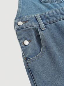 SHEIN Girlism 少女高腰蝴蝶结爱心印花口袋可爱直筒宽松休闲牛仔背带连体裤（不含上衣），适合8-12岁女孩，秋冬季返校季牛仔裤，少女秋冬街头复古风裤装，舒适百搭，适合上学、居家和旅行，Y2K少女风穿搭，蝴蝶结牛仔裤，Y2K青少年穿搭，青少年蝴蝶结穿搭，新年服装，休闲优雅穿搭 - 淺色水洗藍 - 查看 5