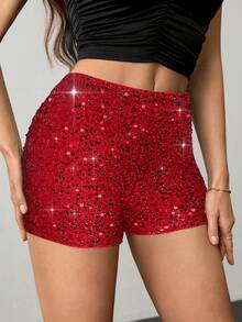 SHEIN Tall Short femme de couleur unie, à la mode, avec des paillettes, coupe slim. Idéal pour les fêtes, Noël, mariage, Nouvel An, Thanksgiving, automne/hiver - Rouge - Voir 1