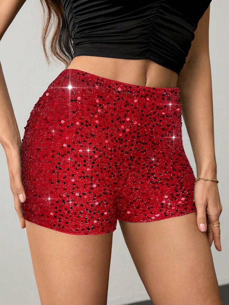 SHEIN Tall Short femme de couleur unie, à la mode, avec des paillettes, coupe slim. Idéal pour les fêtes, Noël, mariage, Nouvel An, Thanksgiving, automne/hiver - Rouge - Voir 1