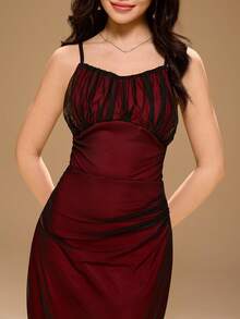 Vestido elegante de fiesta de Navidad con tirantes finos y fruncido para adolescentes - Negro - Ver 8