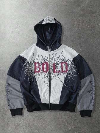 Street Life sweat-shirt à capuche zippé avec imprimé gothique et blocs de couleurs pour hommes, automne/hiver