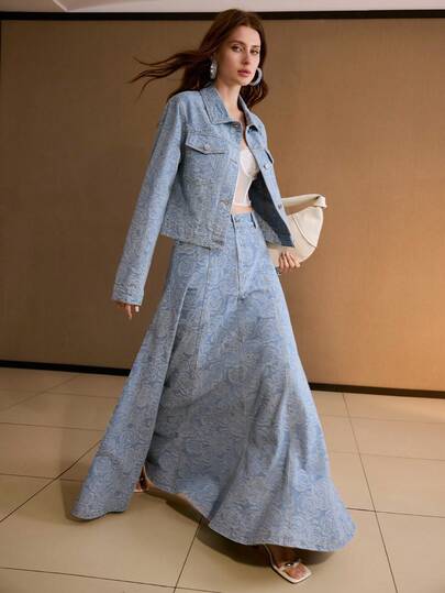 MOTF PREMIUM 牛仔布印花喇叭长裙，春夏秋季款