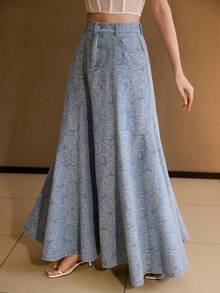 MOTF PREMIUM 牛仔布印花喇叭长裙，春夏秋季款 - 藍色 - 查看 4