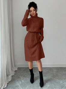 SHEIN Elenzya Damen Einfarbiges Binden-Taschen Elegantes Pulloverkleid - Braun - Übersicht 6