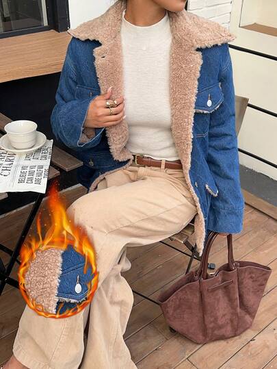 Siren Gaze 女士复古保暖牛仔外套，羊毛宽松大衣，韩版冬季保暖外套，圣诞节服装
