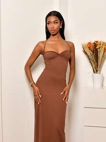 Mima John Women's Minimalist Solid Color Front Twist Backless Spaghetti Strap Summer Dress - Brown - View 5