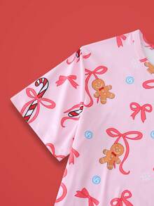 少女圣诞卡通印花睡衣套装 - 粉色 - 查看 4