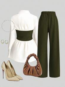 Franclia 2pcs Set: Waist Cinching Shirt & Wide Leg Pants, Slimming Design, Lapel Collar - Army Green - View 2