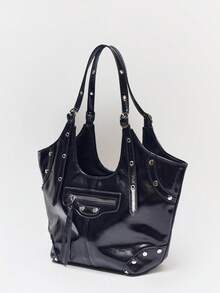 MUSERA 女士单肩包、流浪包、时尚、个性、简约、百搭、街头、酷炫、辣妹、朋克、铆钉、摩托车风格 - 黑色 - 查看 3