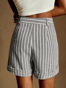 Écloséra 女士复古简约通勤休闲舒适亚麻条纹浅棕色高腰口袋下摆褶裥短裤，女士亚麻裤脚 - 深灰色 - 查看 5