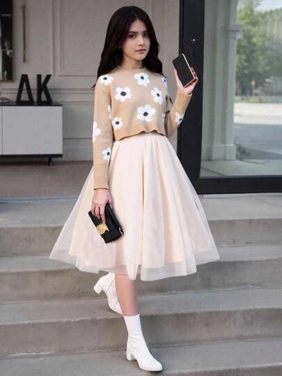 Jeune fille Chandail à col ras du cou tricoté à manches longues, motif floral kaki, coupe courte, doux et confortable. Convient pour le quotidien, l'extérieur, les voyages, les vacances, la maison, l'hiver, Noël, Halloween, l'automne