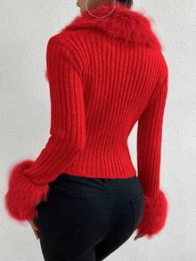 SHEIN Foxxy Fashionable Fuzzy Patchwork Slim Fit Cardigan, Autumn/Winter - Red - View 2