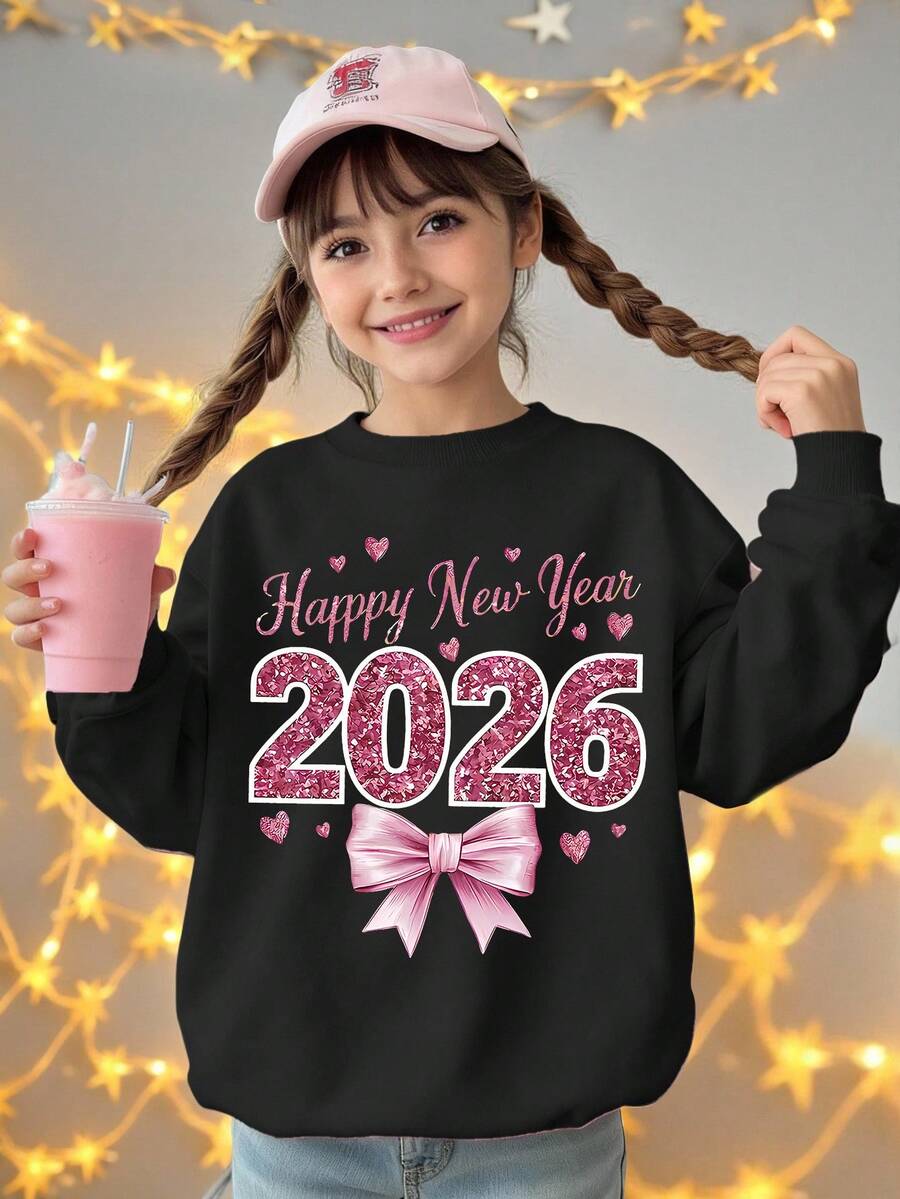2026年新款少女爱心蝴蝶结图案套头卫衣,休闲时尚,适合新年氛围,舒适百搭。 - 黑色 - 查看 1