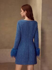 MOTF PREMIUM 5%羊毛混纺可拆卸长袖纹理面料短连衣裙，蓝色 - 藍色 - 查看 5