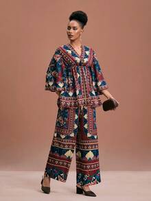 JIAN LASALA Mehrfarbiges Boho-Lässig-Top mit V-Ausschnitt, elastischem Bund, weiten Ärmeln und Allover-Muster für Frauen, ideal für Urlaub und Ferien, afrikanischer Muster, elegantes Ibiza-Grafik-Top - Verschiedenfarbig - Übersicht 7