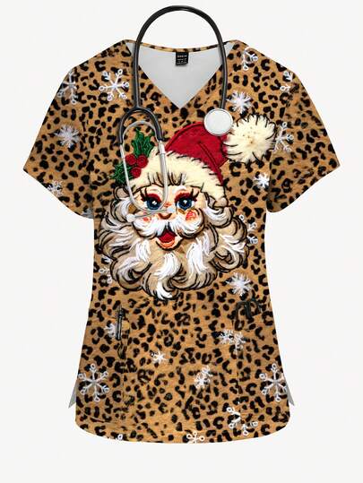 PopScrub Christmas Santa Claus & Leopard Print Cartoon Full Print V-Neck Short Sleeve Women's Fashion Uniform Top