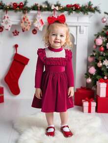 Glamorique Kids 女婴秋冬宫廷风紫色撞色蕾丝高领灯笼袖A字连衣裙，适合派对和节日庆典 - 中紫紅色 - 查看 4