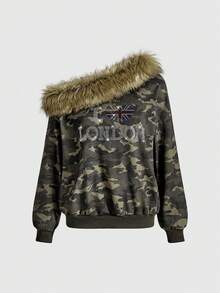 ROMWE J-Fashion Y2K Subculture Rhinestone Camo Print Fuzzy Patchwork Asymmetric Shoulder Sweatshirt For Women - Multicolor - View 1