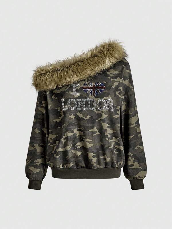 ROMWE J-Fashion Y2K Subculture Rhinestone Camo Print Fuzzy Patchwork Asymmetric Shoulder Sweatshirt For Women