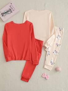 Conjunto de 4 piezas de ropa informal y cómoda para niñas con diseño de dibujos animados, que incluye top de cuello redondo de manga larga y leggings de ajuste ceñido, para otoño - Multicolor - Ver 2