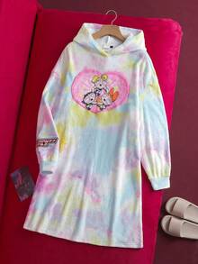 THE POWERPUFF GIRLS X SHEIN 女士秋冬扎染花朵、泡泡、毛茛图案连帽长袍 - 藍白色 - 查看 1