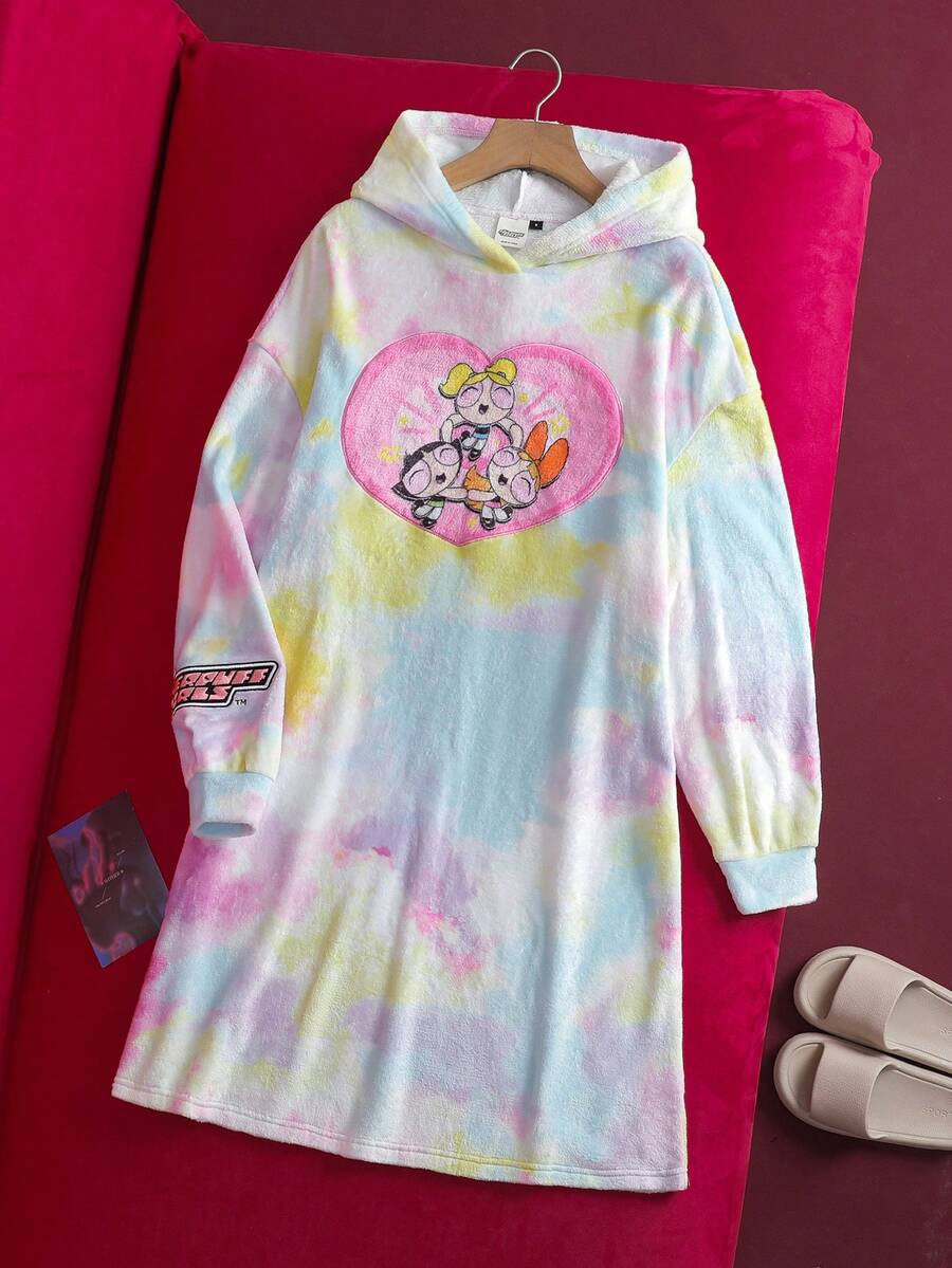 THE POWERPUFF GIRLS X SHEIN 女士秋冬扎染花朵、泡泡、毛茛图案连帽长袍 - 藍白色 - 查看 1