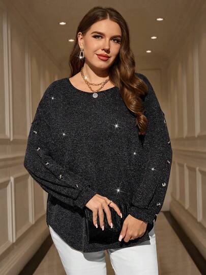 EMERY ROSE Plus Size Women's Elegant Party Casual Black Round Neck Long Sleeve Button Decorated Sparkly T-Shirt Top,Autumn/Winter,Going Out,2025 New,Simple And Fashionable For Everyday Wear, Winter,Christmas,New Year,Thanksgiving,Date Night