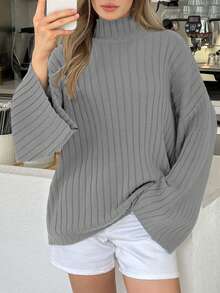 Cloudara Women High Neck Flare Sleeve Rib Knit Comfy Sweater Pullover - Light Grey - View 3