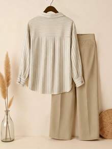 Franclia Conjunto de 2 piezas de camisa a rayas y pantalones de unicolor, estilo casual y cómodo para talla grande - Multicolor - Ver 2