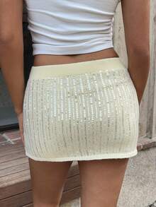 SHEIN EZwear Pailletten Butter Gelb Dekor Lässig Mode Mini Frauen Pullover Rock, Party Rock, Herbst für Frauen, Weihnachten Frauen, Neujahr - Gelb - Übersicht 5