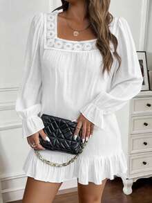 Elenzga Váy dài tay ren màu trơn tương phản cỡ lớn dành cho nữ, mùa thu/đông - trắng - Xem 3