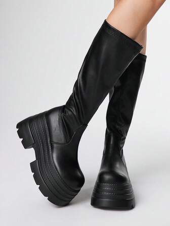 Grunge Punk بوت نسائية ذات طبقات متعددة وكعب منصة مدبب، من الجلد الأسود، طراز بانك جديد للخريف/الشتاء، للاستخدام اليومي في الشارع والحرم الجامعي وفوق الركبة