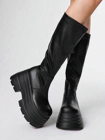 Grunge Punk Women's Multi-Layer Platform Round Toe Dark Punk Elastic Boots, Leather Upper, New Autumn/Winter Everyday Street Punk Campus Knight Over-The-Knee Boots