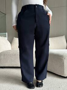 Dazy Plus Damen Cargo Hosen in Unifarbe in Große Größen, Streetstyle, lange Länge, Frühling/Herbst - marineblau - Übersicht 5