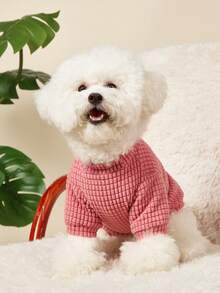 PETSIN 1 件宠物猫狗通用圆领套头衫粉色海军蓝华夫格针织弹力舒适基本款时尚刺绣狗连帽衫 - 彩色 - 查看 6