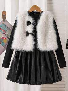 Sparklyn 三件套：棕色毛绒蝴蝶结背心、配套吊带衫和PU褶裙 - 黑與白 - 查看 3