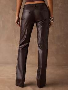 SHEIN BAE 女士纯色简约长裤，休闲日常穿着 - 咖啡棕 - 查看 2