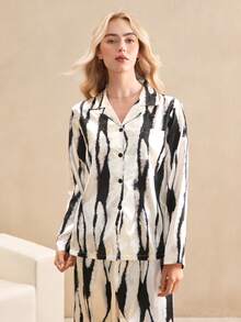 EverLounge Faux Silk Geometric Print Women Pajama Set, Autumn, Fall & Winter Clothes - Multicolor - View 5