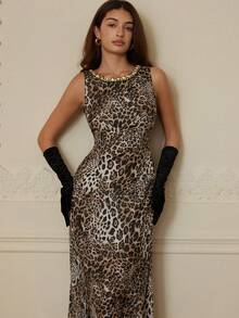 GENKIRA Vestido elegante y único de mujer con cuello redondo, sin mangas, con estampado de leopardo con rhinestones y lentejuelas, para otoño/invierno - Multicolor - Ver 3