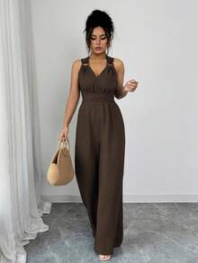 Selianne V领系带阔腿连体裤，蓝色，女士连身裤，休闲夏季装，女士度假装