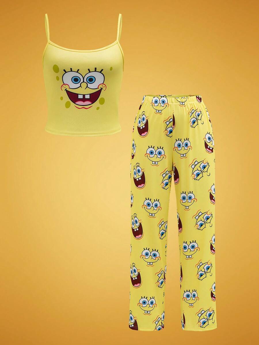 SpongeBob SquarePants | SHEIN Women Cartoon Pattern Camisole Top And Long Pants Pajama Set