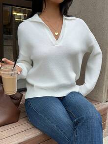 SHEIN Unity Women's Solid Color V-Neck Loose Oversize Sweater,Long Sleeve Tops Knit Pullover Fall Winter Outfit - White - View 6