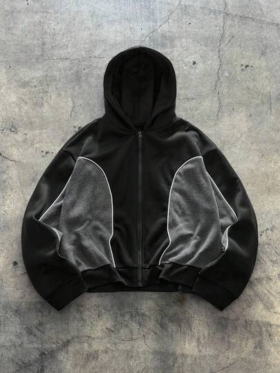 AXEPEAK 男士撞色拉链领休闲拼接宽松连帽拉链卫衣，长袖上衣