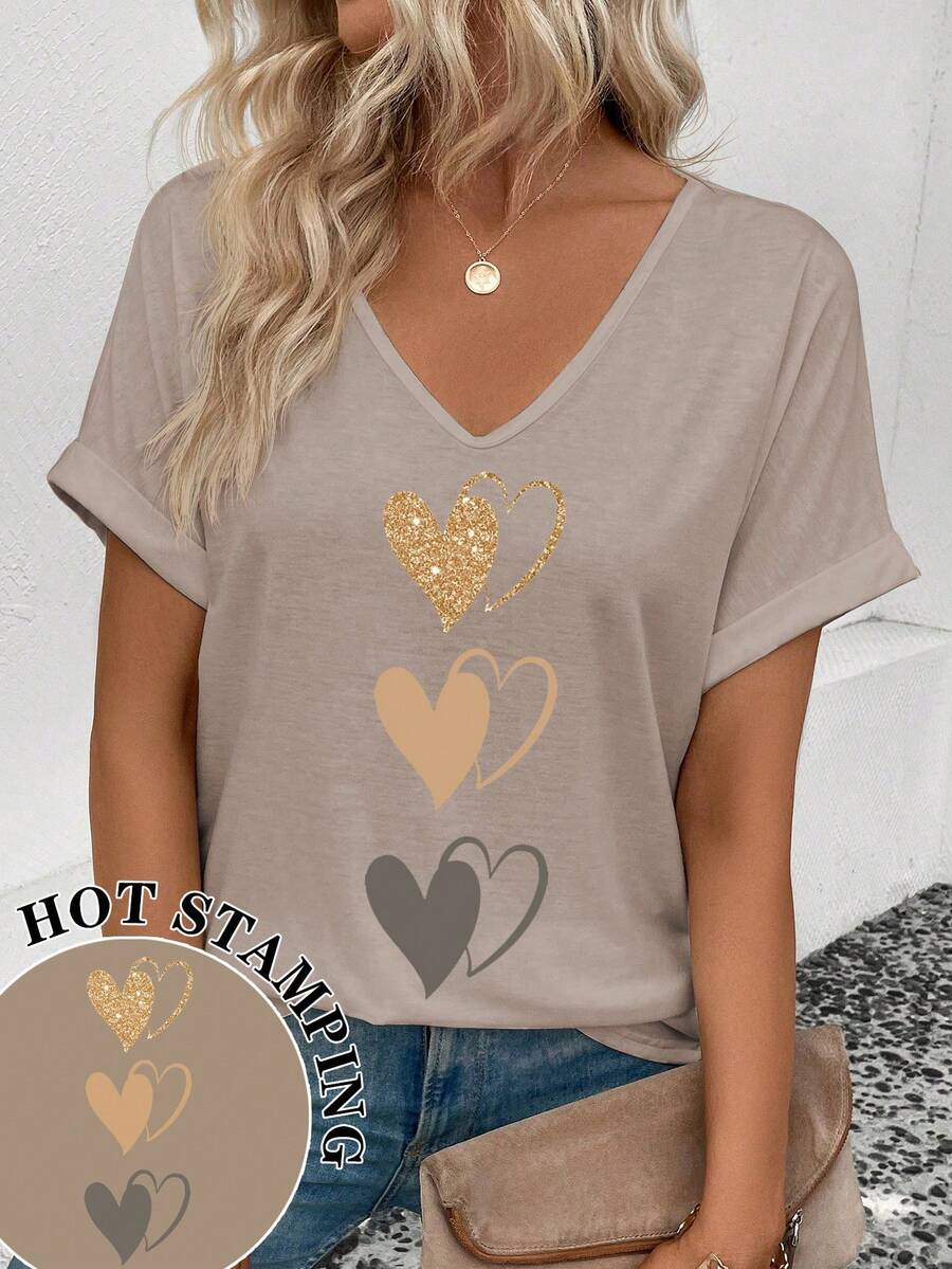 SHEIN Women's V-Neck Casual Heart Print T-Shirt, Popular - Apricot - View 1