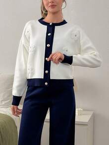 EURMUSE Women Flower Embroidery Cardigan And Pant Knit Set - Navy Blue - View 2