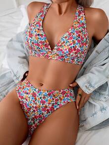 Swim Vcay 夏季两件套碎花吊带交叉后背系带比基尼套装