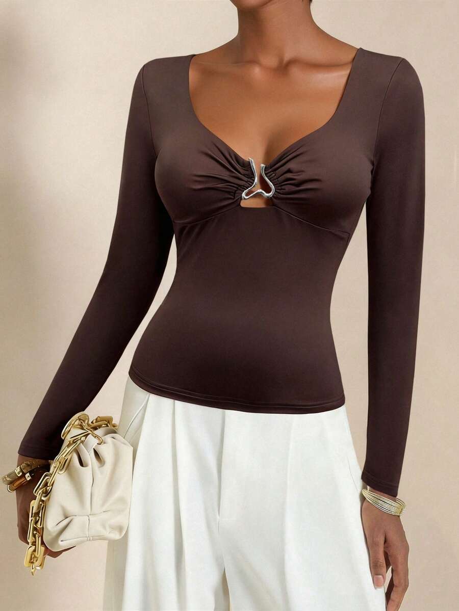 Lyxana Women's Long Sleeve T-Shirt, Transformable Collar, Metal Buckle Decor, Casual Slim Fit, Brown, Suitable For Spring, Summer, Autumn, Winter - Coffee Brown - View 1