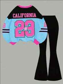 SHEIN Leap Crew Bộ trang phục hai mảnh cổ tròn in họa tiết chữ và số cổ điển thường ngày cho bé gái tuổi teen, phong cách thể thao đại học, trở lại trường, thời trang, mùa thu - Nhiều màu - Xem 2