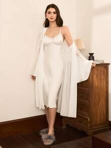 Moireta 2pcs Women's Elegant Satin Camisole Dress & Mesh Robe Sleepwear Set Long Sleeve Nightgown White Nightgown Lace Nightgown Sheer Nightgown Bridal Nightgown - White - View 5